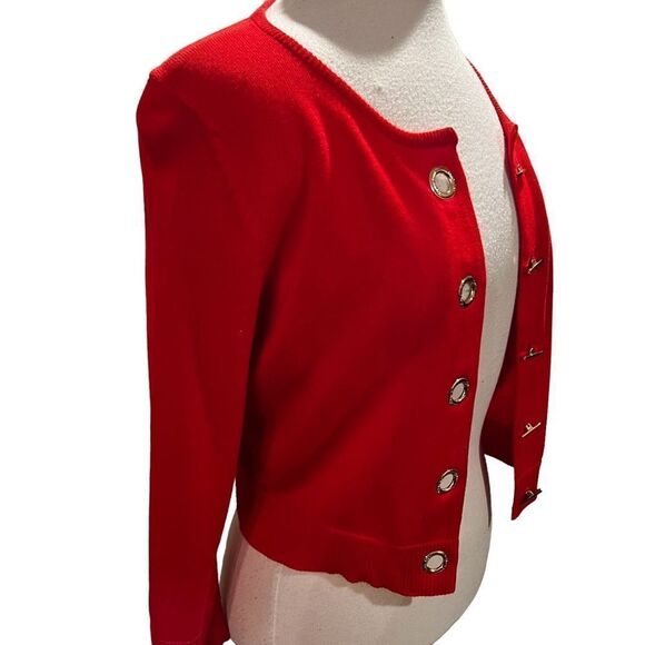 Calvin Klein Cardigan Sweater Red Cropped with Gold Toggle Closure size Medium - Picture 2 of 10